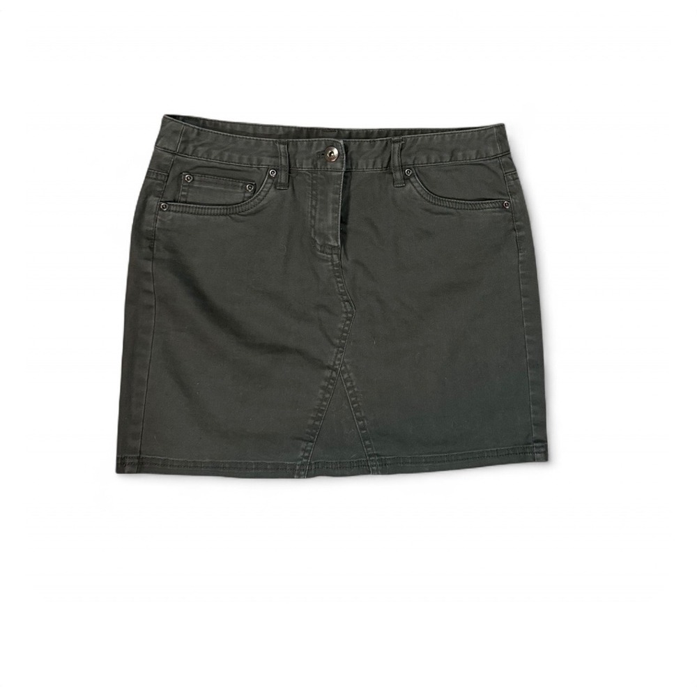 Kenar Womens Y2K Olive Green Denim Mini Skirt Size 10 Stretch Cotton Embroidered